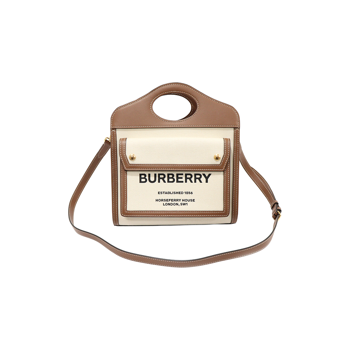 IT6IC3NT94IN Burberry 80393611 Natural Malt Brown Leather Two-Tone Canvas Mini Pocket Tote 2-Way