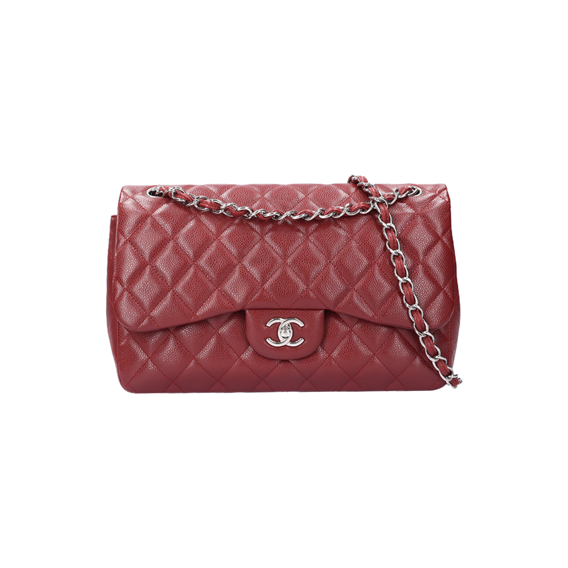 샤넬 A58600 클래식 라지 플랩백 그레인드 카프스킨 다크 레드 은장(Chanel A58600 Classic Large Flap Bag in Dark Red Grained Calfskin with Silver Hardware)