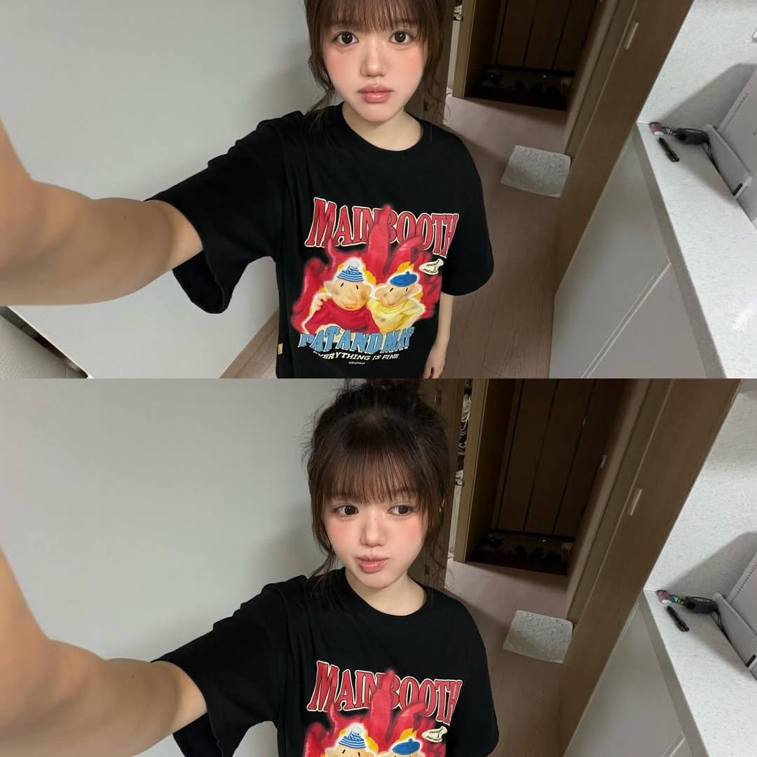MAINBOOTH [Pat&Mat] Burning T-shirt Black 착용 스타일 - 1