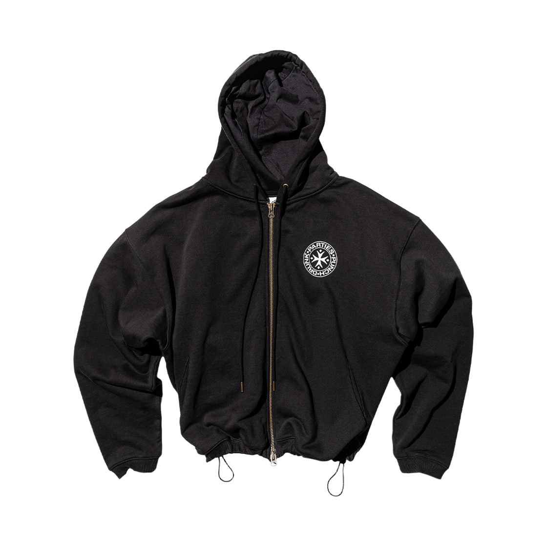 펀치 드렁크 파티즈 서클 로고 집업 후디 블랙(Punch Drunk Parties Circle Logo Zip Up Hoodie Black)