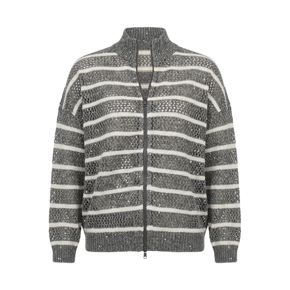 MCO558906-CXE79 (W) Brunello Cucinelli Linen Dazzling Striped Net Cardigan Grey