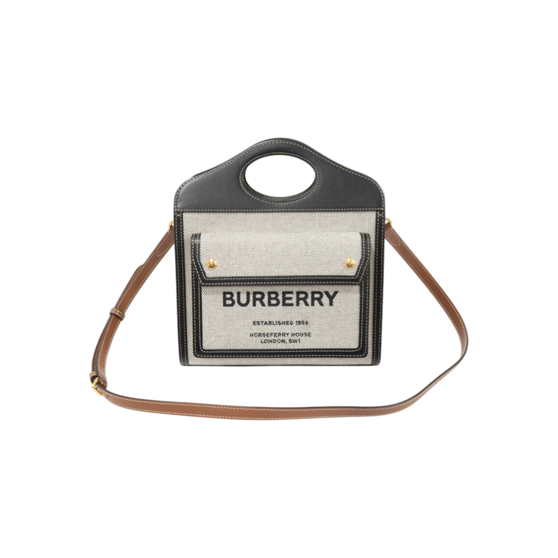 IT4SMJQ3PRKV Burberry Triton Black Leather Two-Tone Canvas Mini Pocket Tote 2-Way