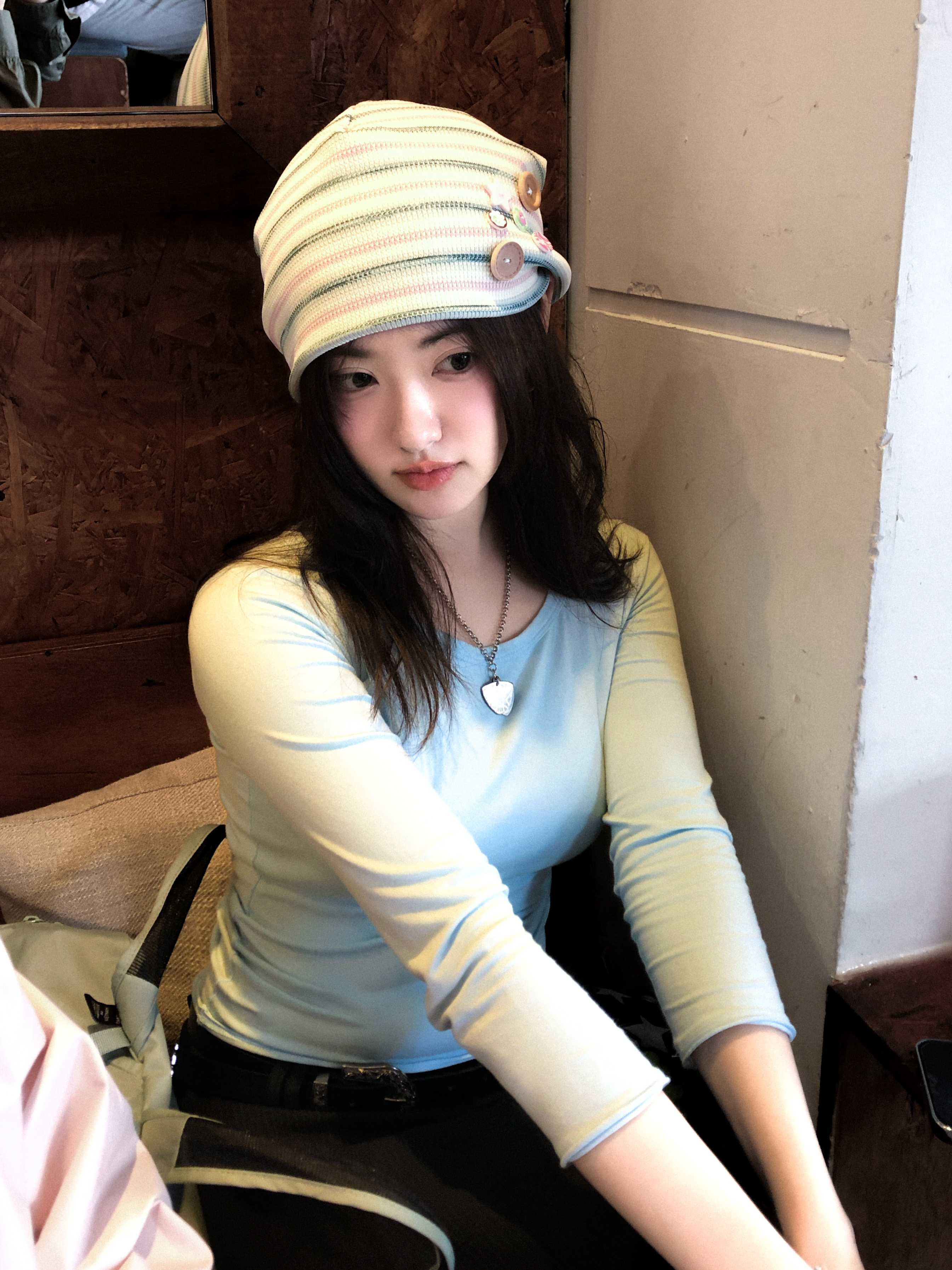 CAVISH Striped Button Beanie Pink, (W) Hysteric Glamour On Skull Pick Necklace Silver 착용 스타일 - 1