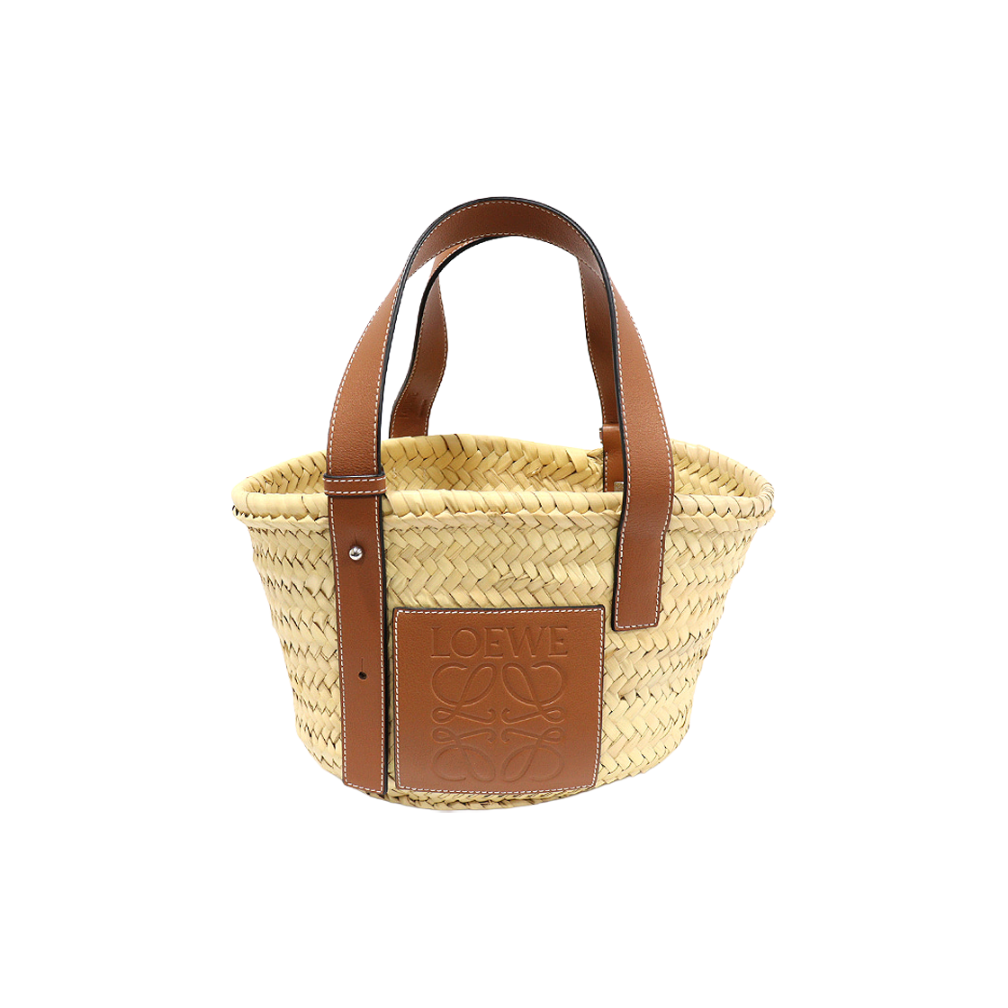 로에베 327.02.S93 내츄럴 탄 팜 리프 라탄 카프스킨 스몰 바스켓 토트 숄더백(Loewe 327.02.S93 Natural Tan Palm Leaf Rattan Small Basket Tote Bag)