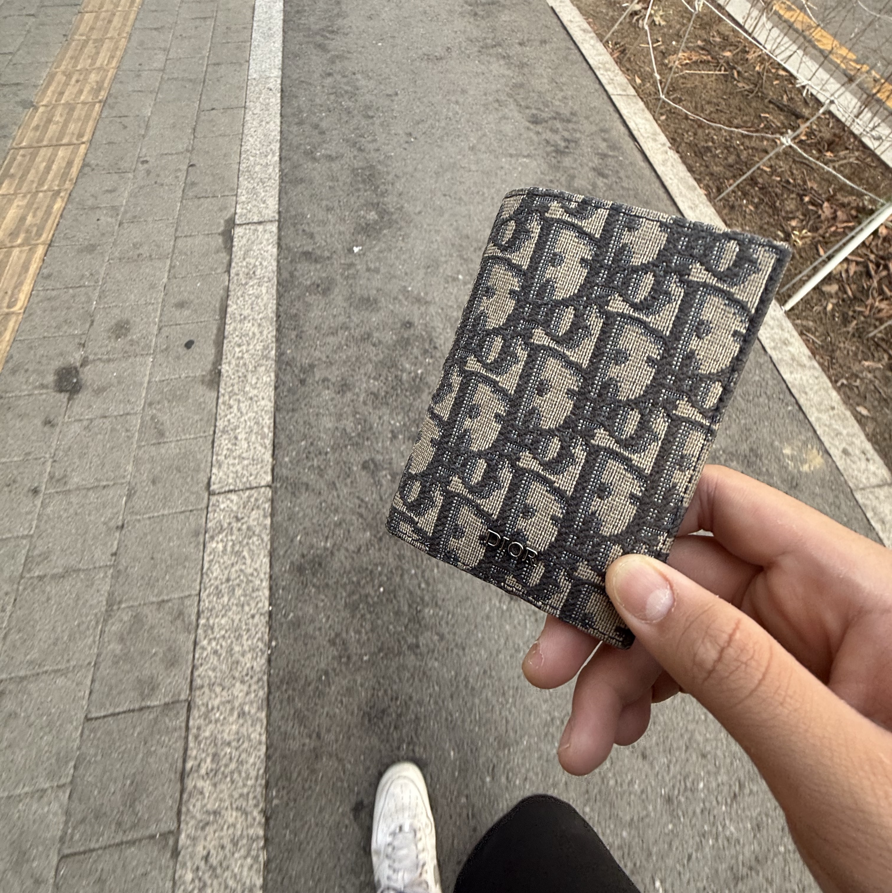 Dior Bi-Fold Card Holder Beige & Black Dior Oblique Jacquard 착용 스타일