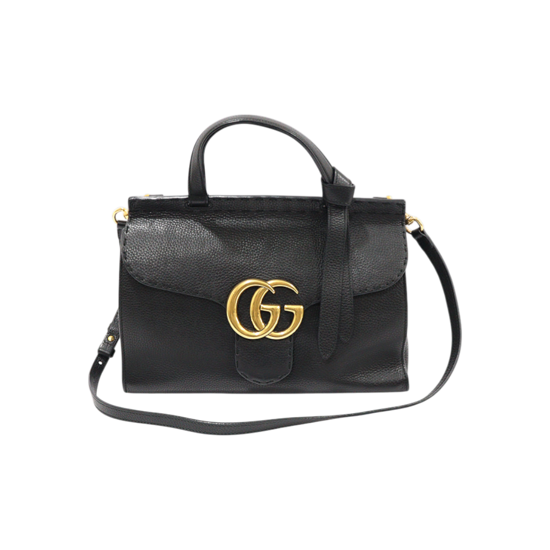 IT9BU3KVOMQN Gucci 421890 Black Leather Gold GG Marmont Small Top Handle 2-Way Bag