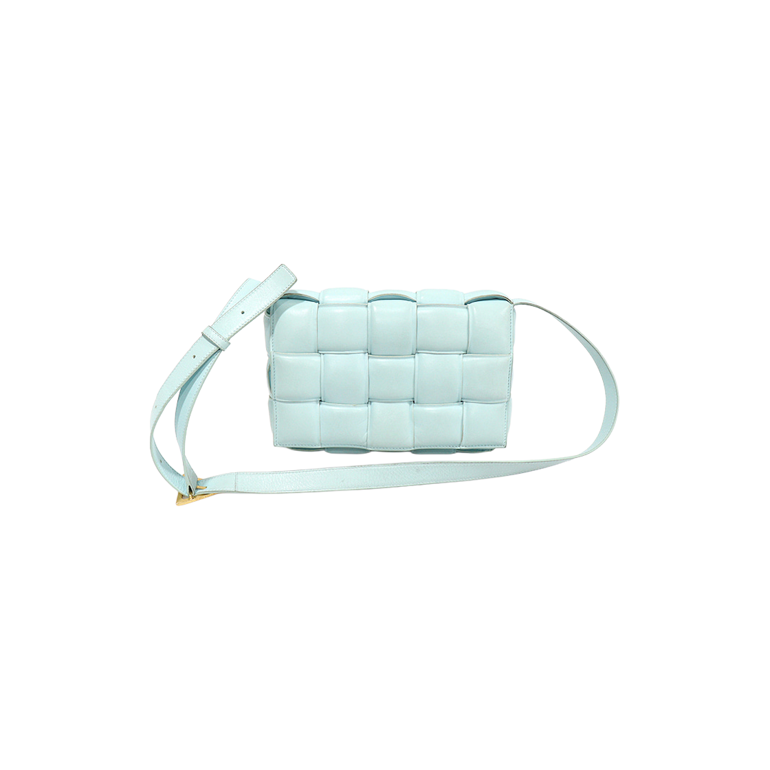 보테가 베네타 591970 페일 블루 램스킨 인트레치아토 위빙 패디드 카세트 크로스백(Bottega Veneta Pale Blue Lambskin Intrecciato Woven Padded Cassette Crossbody Bag)