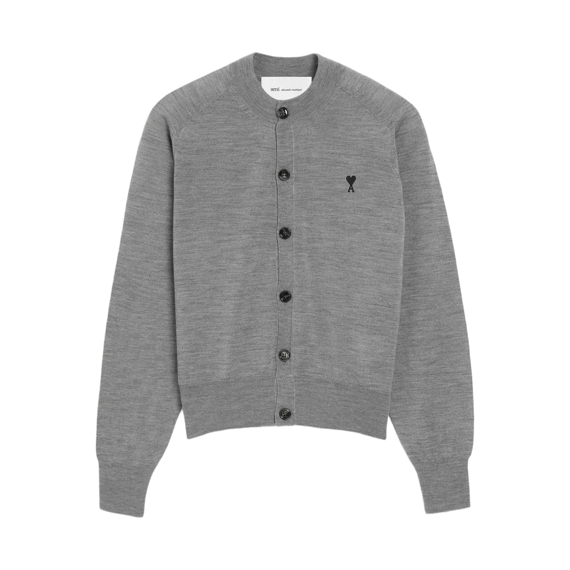 (W) 아미 그레이 울 크루넥 아미 드 하트 가디건 헤더 그레이 블랙((W) AMI Grey Wool Crewneck Ami De Coeur Cardigan Heather Grey Black)