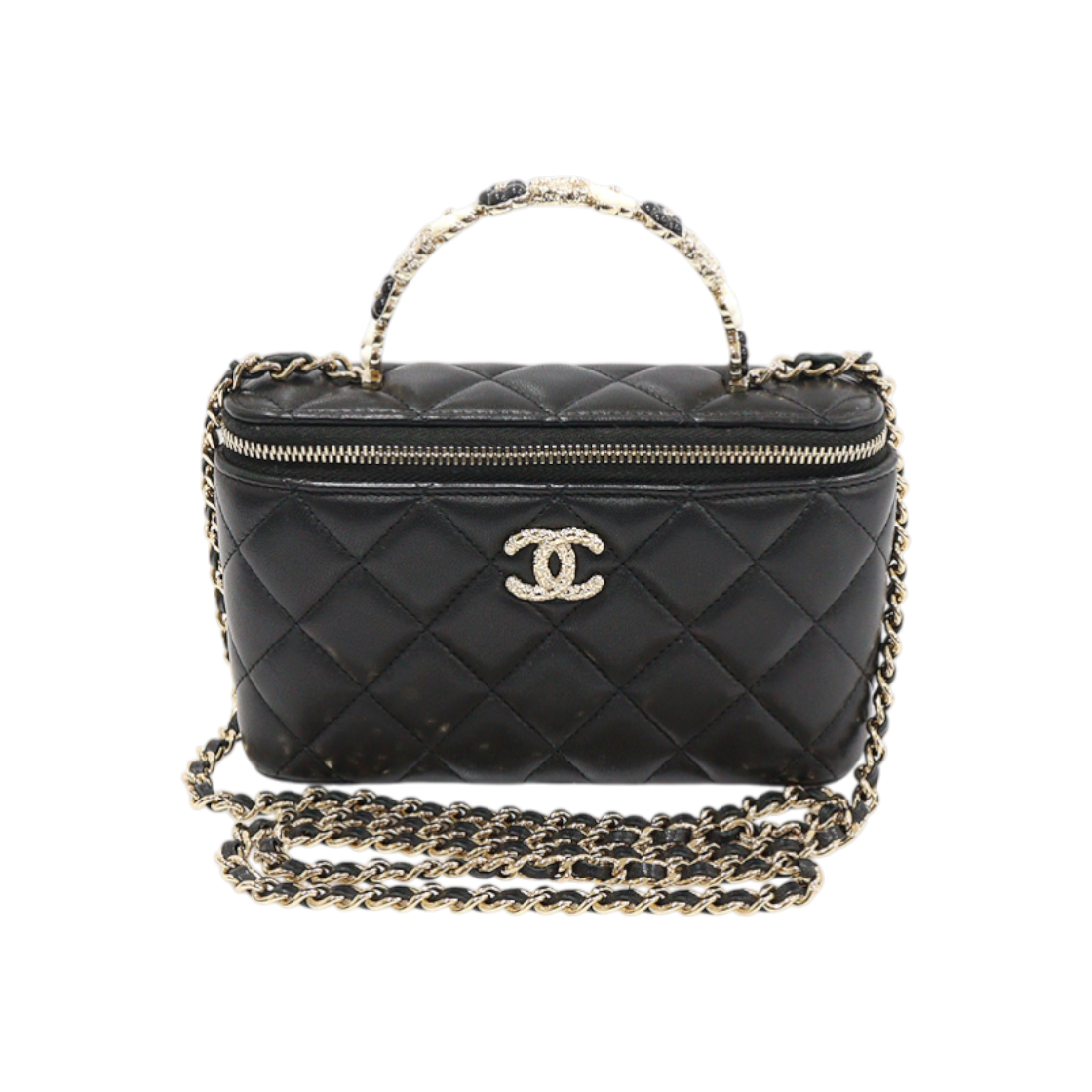 샤넬 AP3576 블랙 램스킨 까멜리아 플라워 탑핸들 베니티 케이스 2WAY (내장칩)(Chanel AP3576 Black Lambskin Camellia Flower Top Handle Vanity Case 2-Way (With Chip))