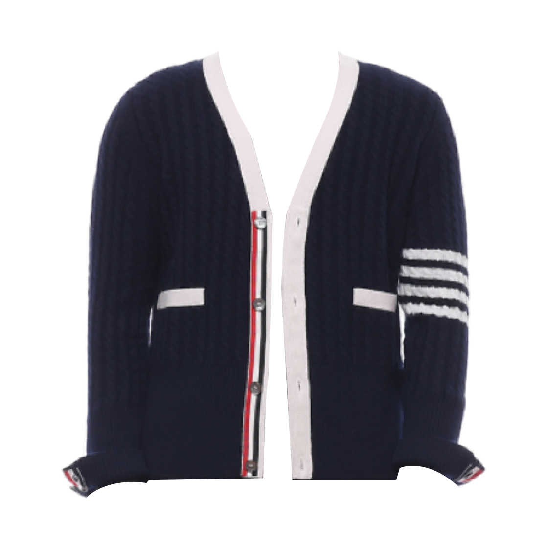 MKC015B-Y2001-415 Thom Browne Cashmere 4-Bar V-Neck Cardigan Navy
