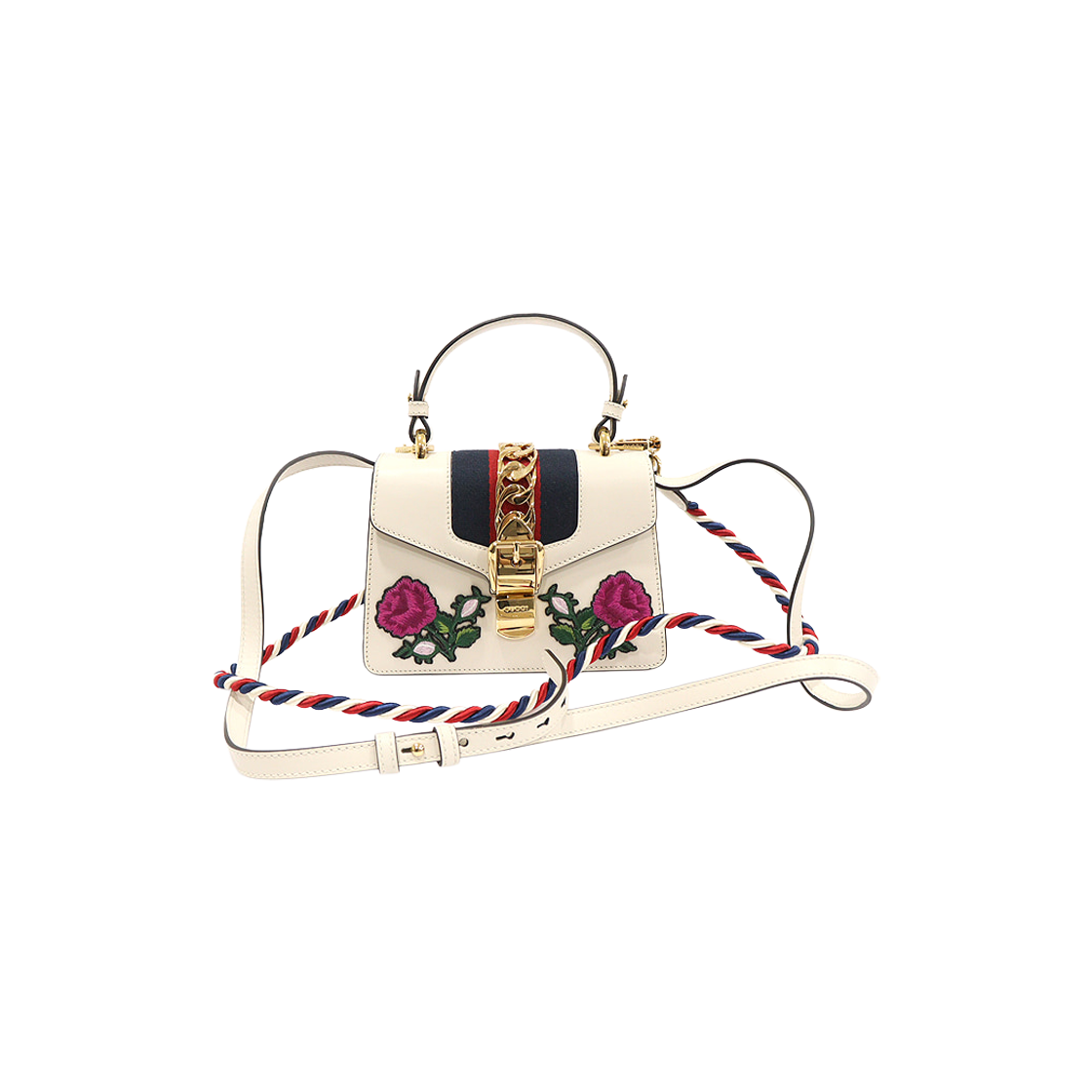 구찌 470270 화이트 레더 WEB 플라워 자수 실비 미니 탑핸들 2WAY(Gucci 470270 White Leather Web Flower Embroidered Sylvie Mini Top Handle 2-Way Bag) - 1