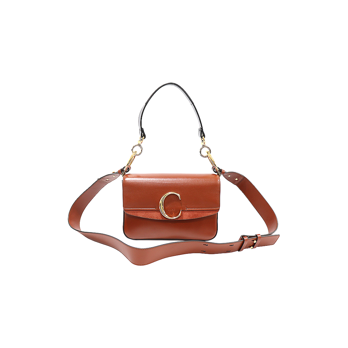 ITHDHFU7SNJT Chloe C Double Carry Small 2-Way Bag in Sepia Brown Shiny Calfskin