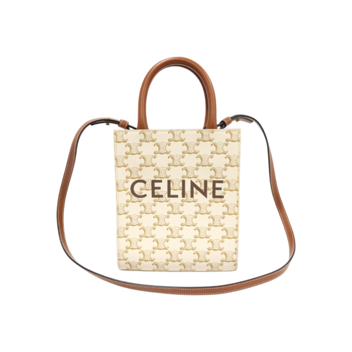 ITASTADBN779 Celine Triope Mini Vertical 2-Way Tote in White Canvas and Tan Calfskin
