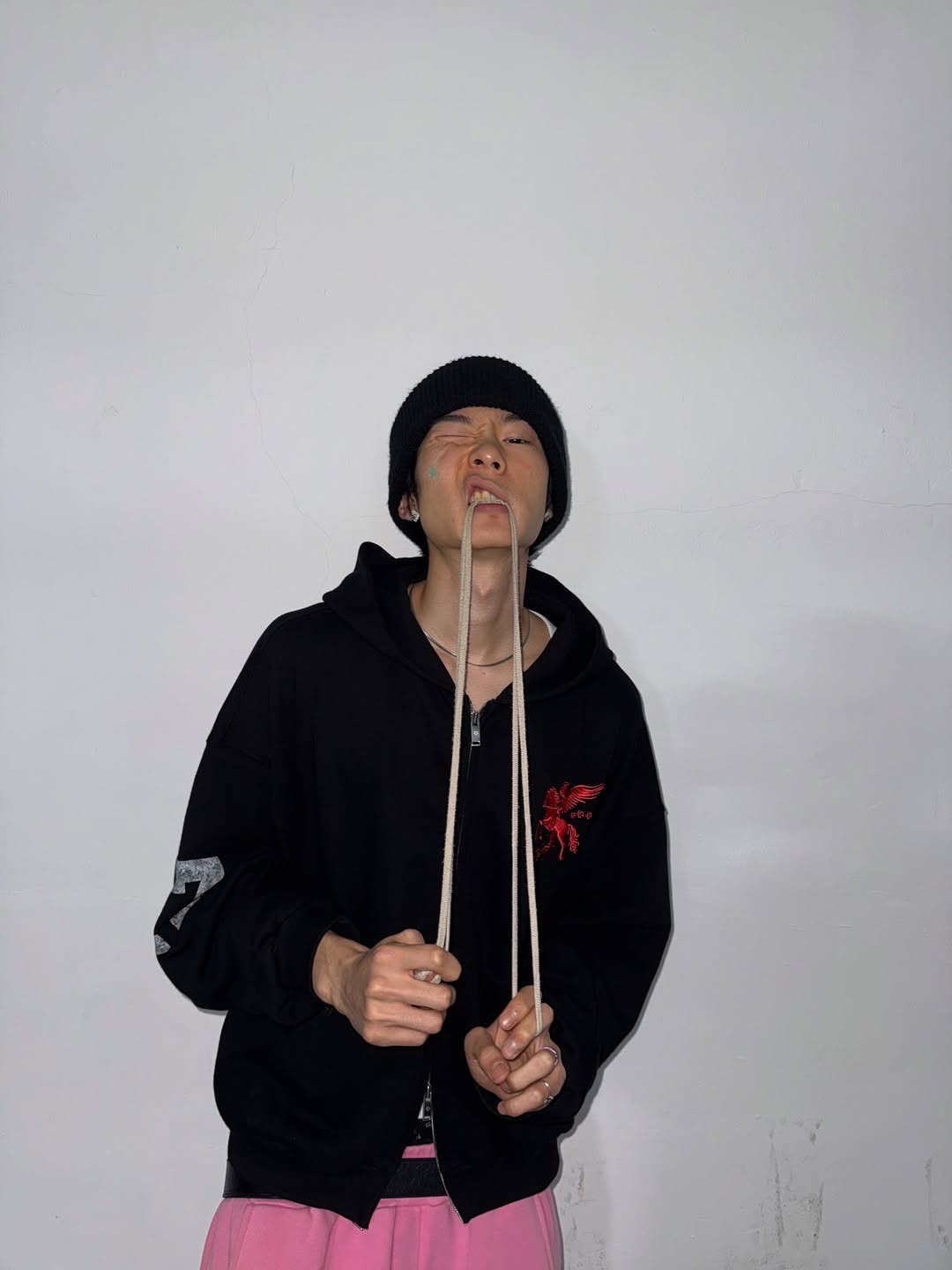 PACOSPLY Falling Angel Zip Up Hoodie Black 착용 스타일