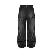 AX CONNECTION Tactical Cargo Washed Wide Denim Pants Grey