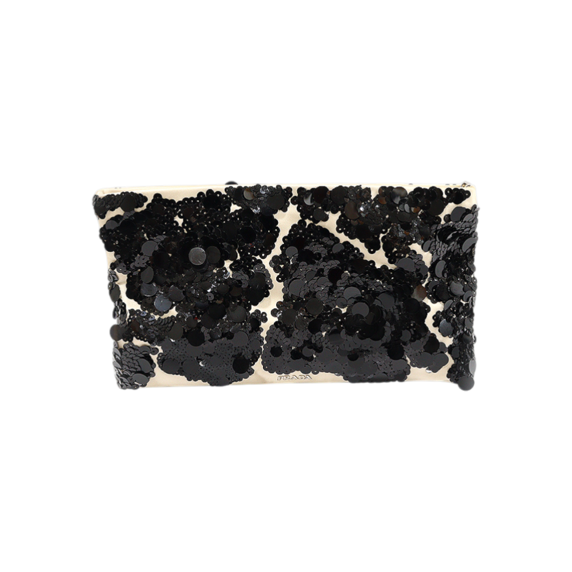 ITB56CSR3KU9 Prada Beige Satin Black Sequin Flower Clutch