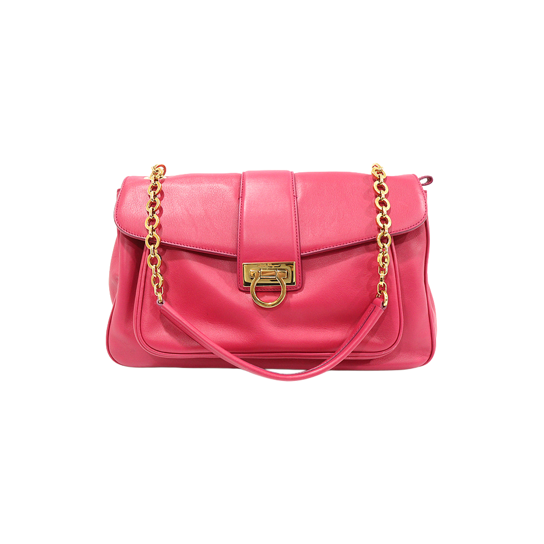 페라가모 21 E463 핑크 레더 금장 간치니 PAULA 숄더백(Ferragamo 21 E463 Pink Leather Gold-tone Gancini Paula Shoulder Bag)