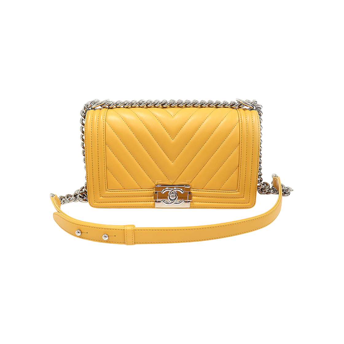 샤넬 A67086 옐로우 카프스킨 쉐브론 은장 올드 보이샤넬 미듐 숄더백 (22번대)(Chanel A67086 Yellow Calfskin Chevron Silver Old Boy Medium Shoulder Bag (22 Series)) - 1