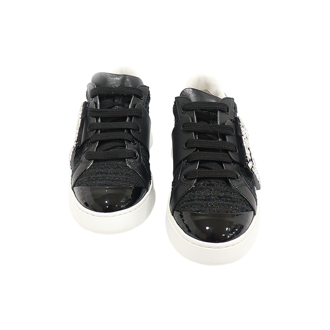 IT23ELJEI4RD Roger Vivier RVW54229110HWF3O97 Black Fabric Leather Bib Skate Sneakers for Women Size 36.5