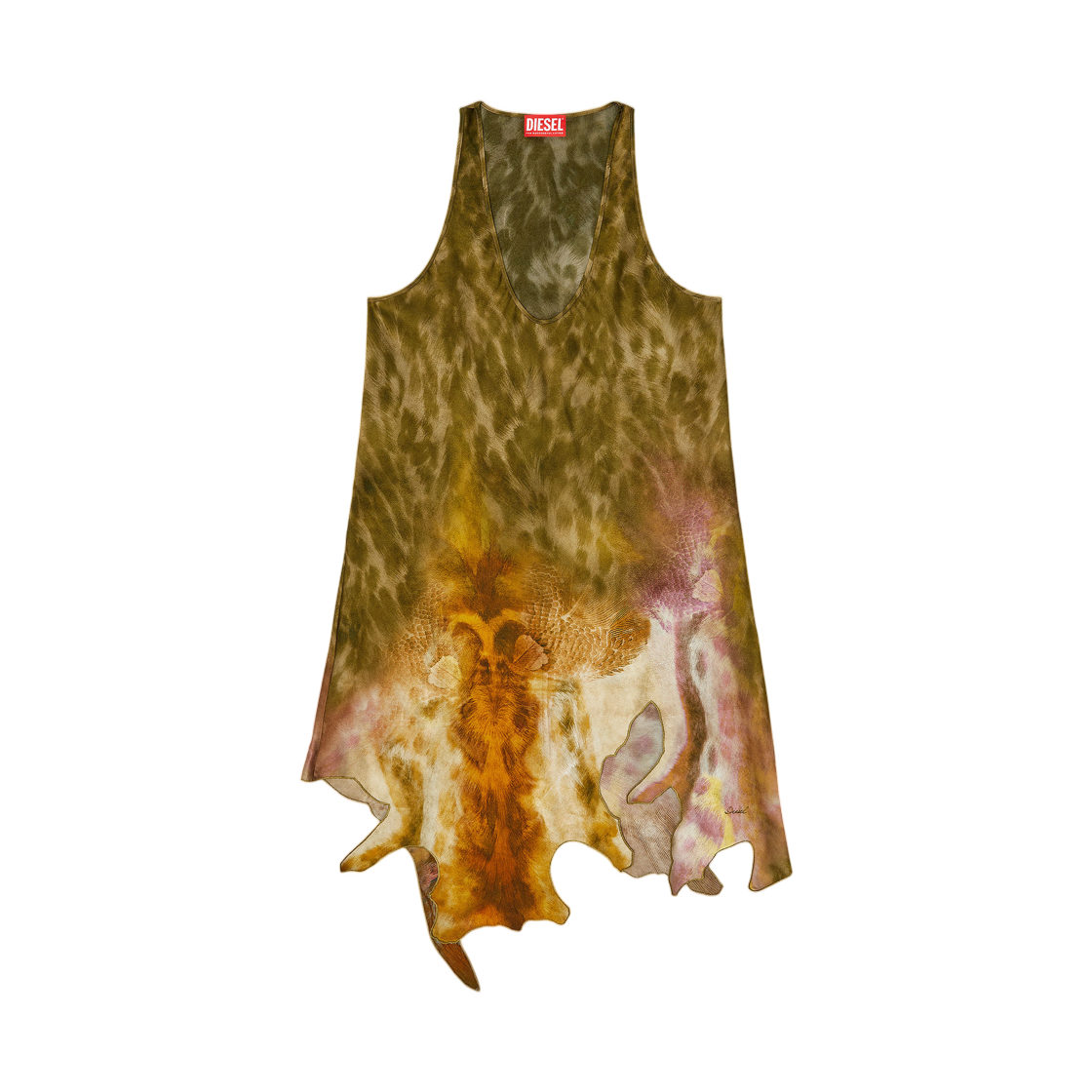 (W) 디젤 D-아히울 쇼트 새틴 드레스 위드 하이드-이펙트 헴 브라운 그린((W) Diesel D-Ahiul Short Satin Dress with Hide-Effect Hem Brown Green)