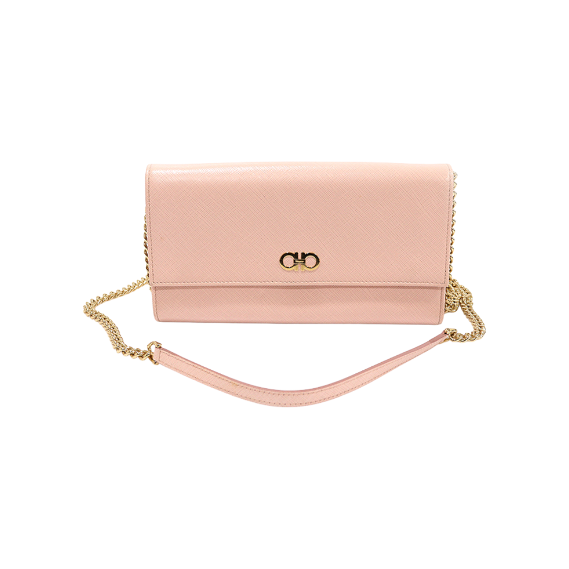ITSHDEMQ4KO5 Salvatore Ferragamo 22 C506 Pink Saffiano Leather Gold Double Gancini Flap WOC Chain Crossbody Bag