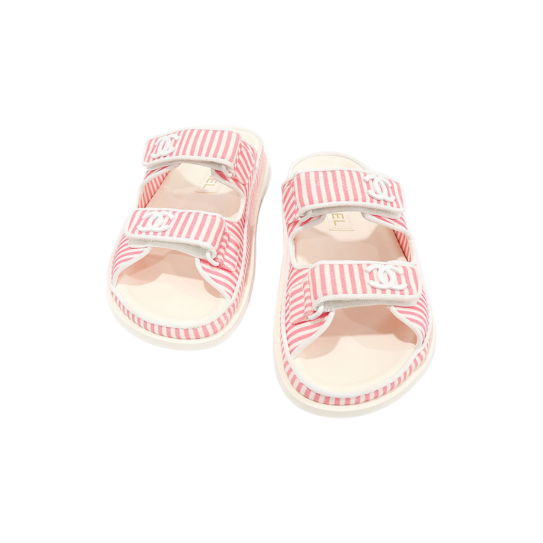 ITAGIRTLMLCE Chanel White Pink Stripe Cotton CC Logo Velcro Mules Sandals for Women Size 37