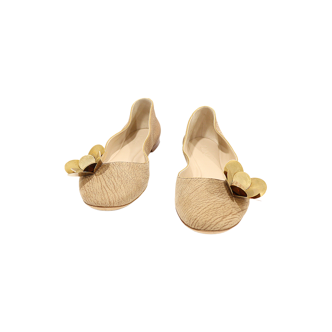 ITDW5QPQ4QFW Chloe CH20180 Beige Leather Gold Flower Ballerina Flats Size 36