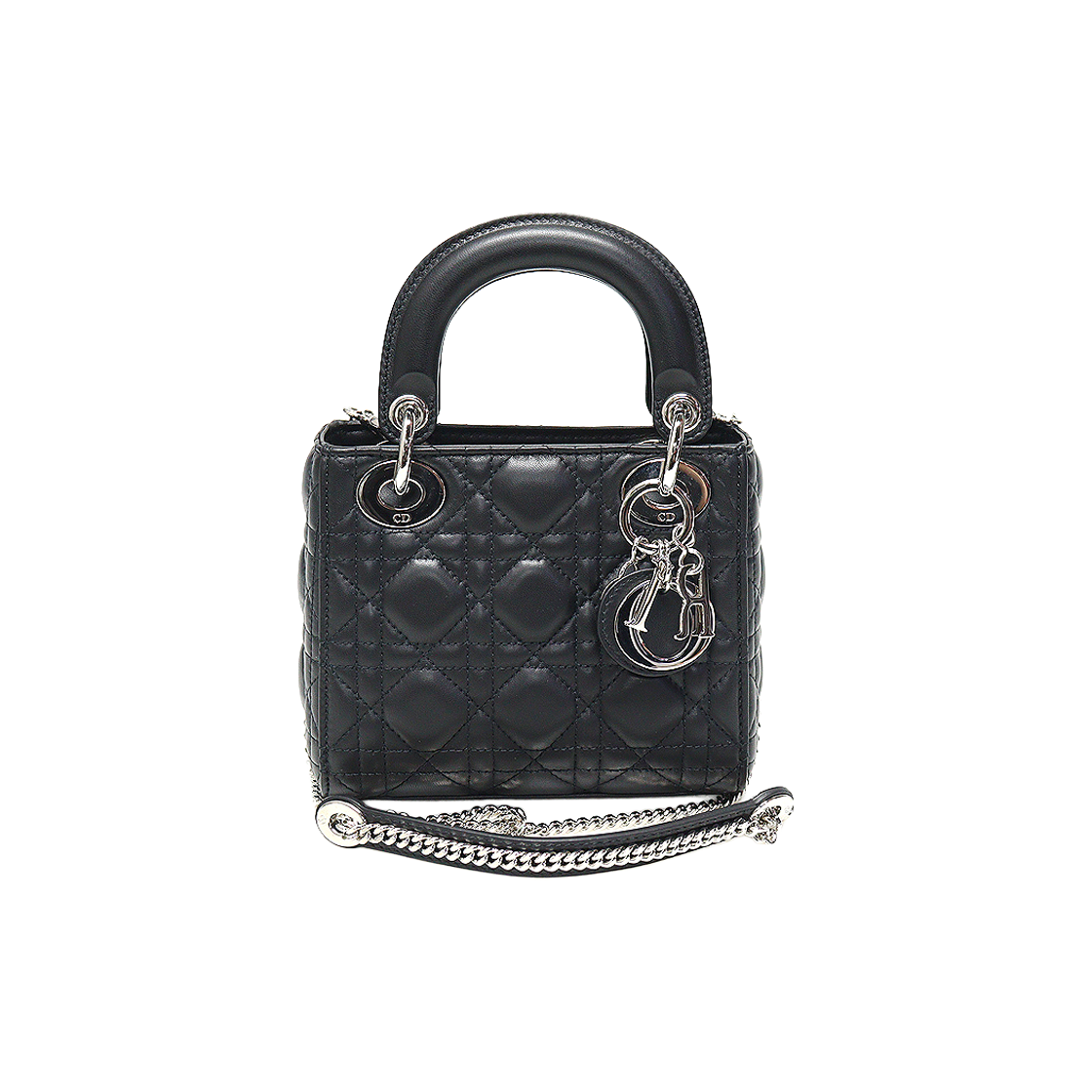 ITA8MS5KM9IJ Dior M0505PCAL Black Cannage Lambskin Silver Hardware Lady Dior Mini 2-Way Bag