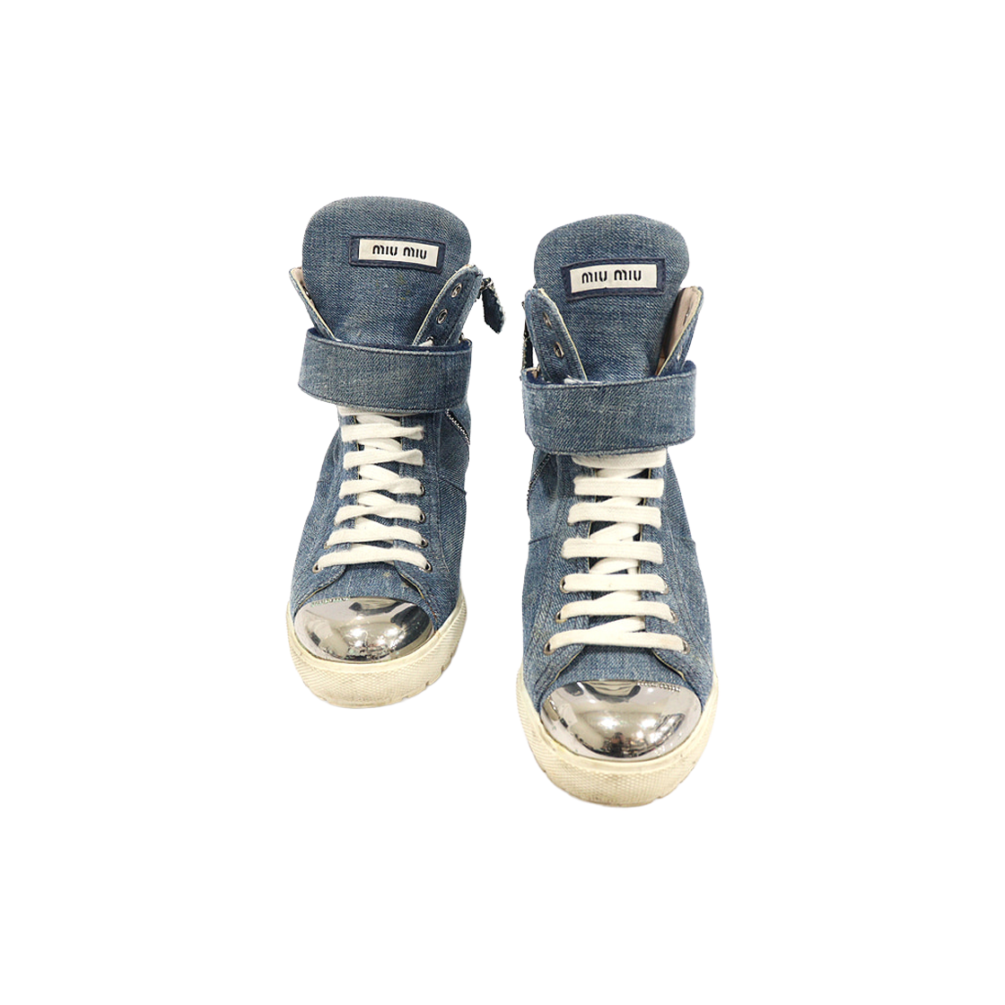 미우미우 5T8877 블루 데님 은장 캡 토 웨지 하이탑 여성 스니커즈 35.5(Miu Miu Blue Denim Silver Cap Toe Wedge High-Top Sneakers - Size 35.5)