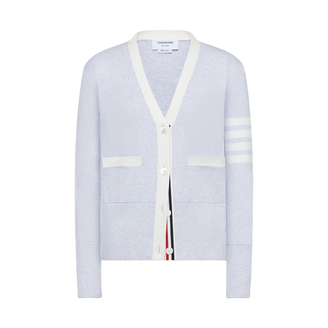 FKC207B-00219-050 (W) Thom Browne Classic Milano Wool 4-Bar V-Neck Cardigan Pale Grey