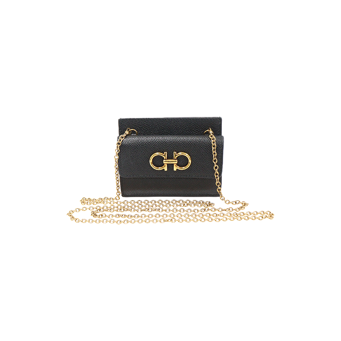 페라가모 22 0413 블랙 카프스킨 금장 간치니 체인 스트랩 카드지갑(Salvatore Ferragamo 22 0413 Black Calfskin Gold-tone Gancini Chain Strap Card Holder)