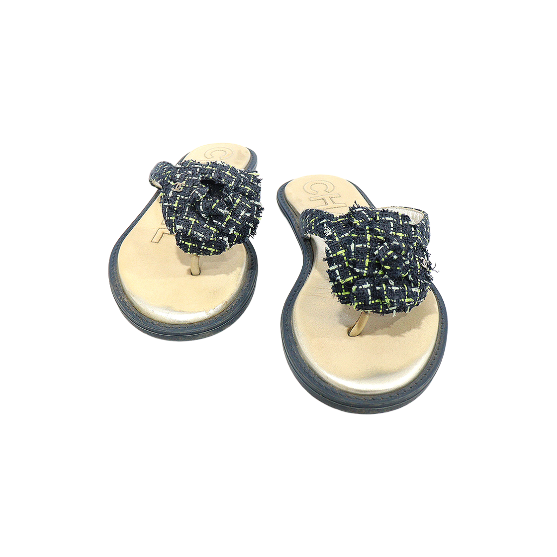 ITT42PGJ3Q4F Chanel Navy Tweed Camellia CC Logo Women's Sandals Size 36