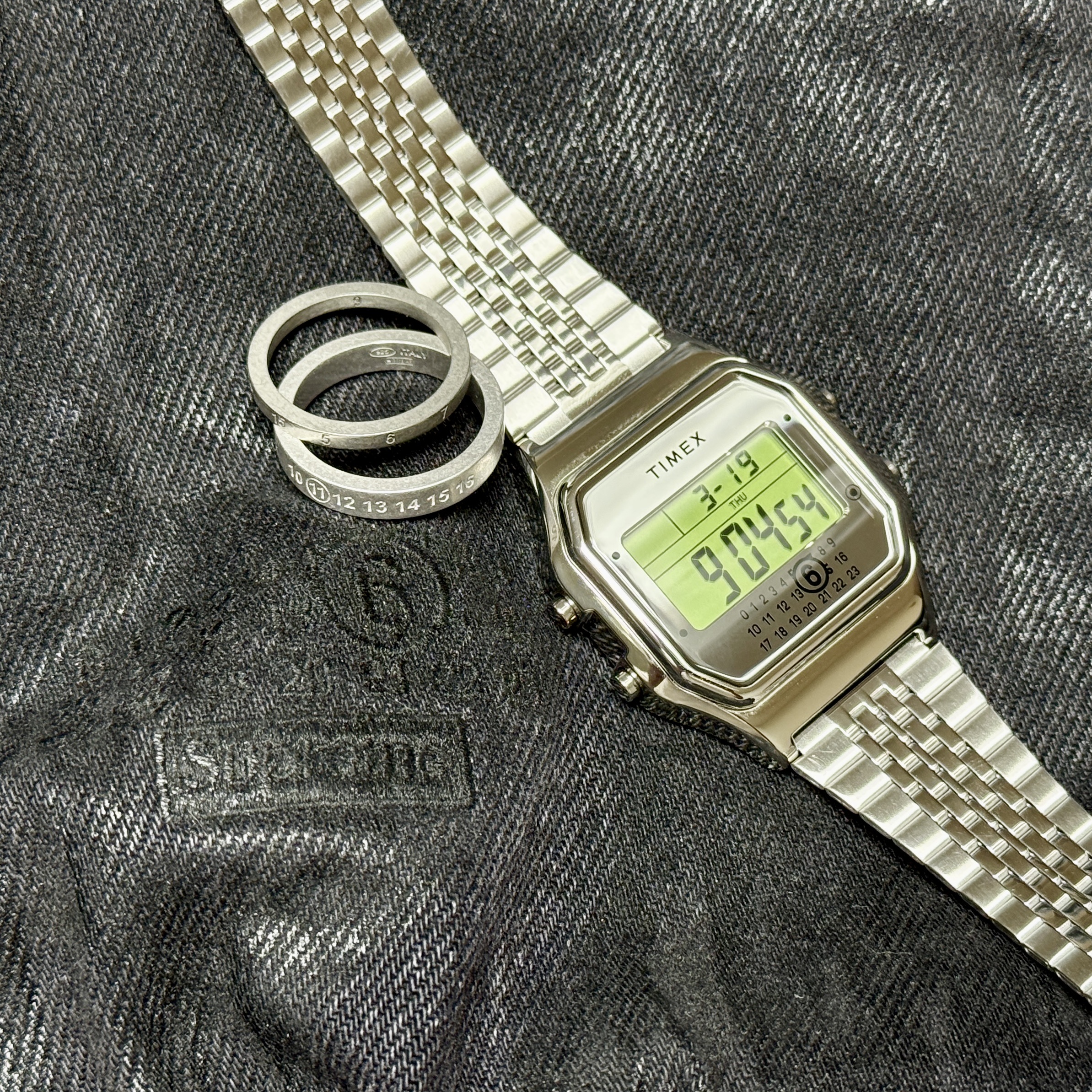 Timex x MM6 Maison Margiela T80 Gift Set w/ Extra Bracelet Stainless Steel, Supreme x MM6 Maison Margiela Foil Hooded Work Jacket Black - 24SS 착용 스타일