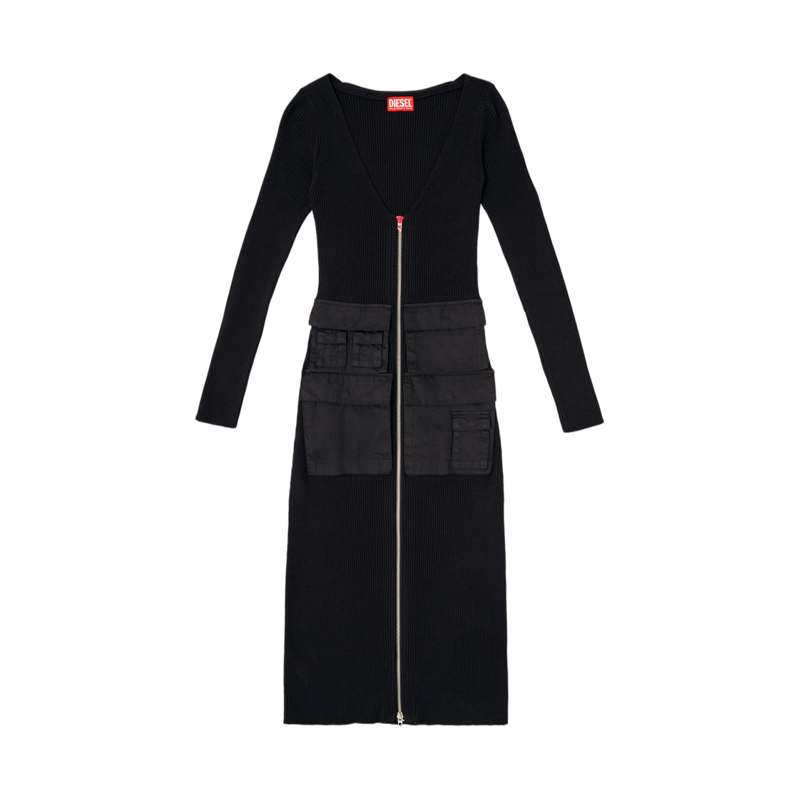 A194930JLCR-900 (W) Diesel M-Melti-Ls Ribbed Midi Dress with Cargo Pockets Black