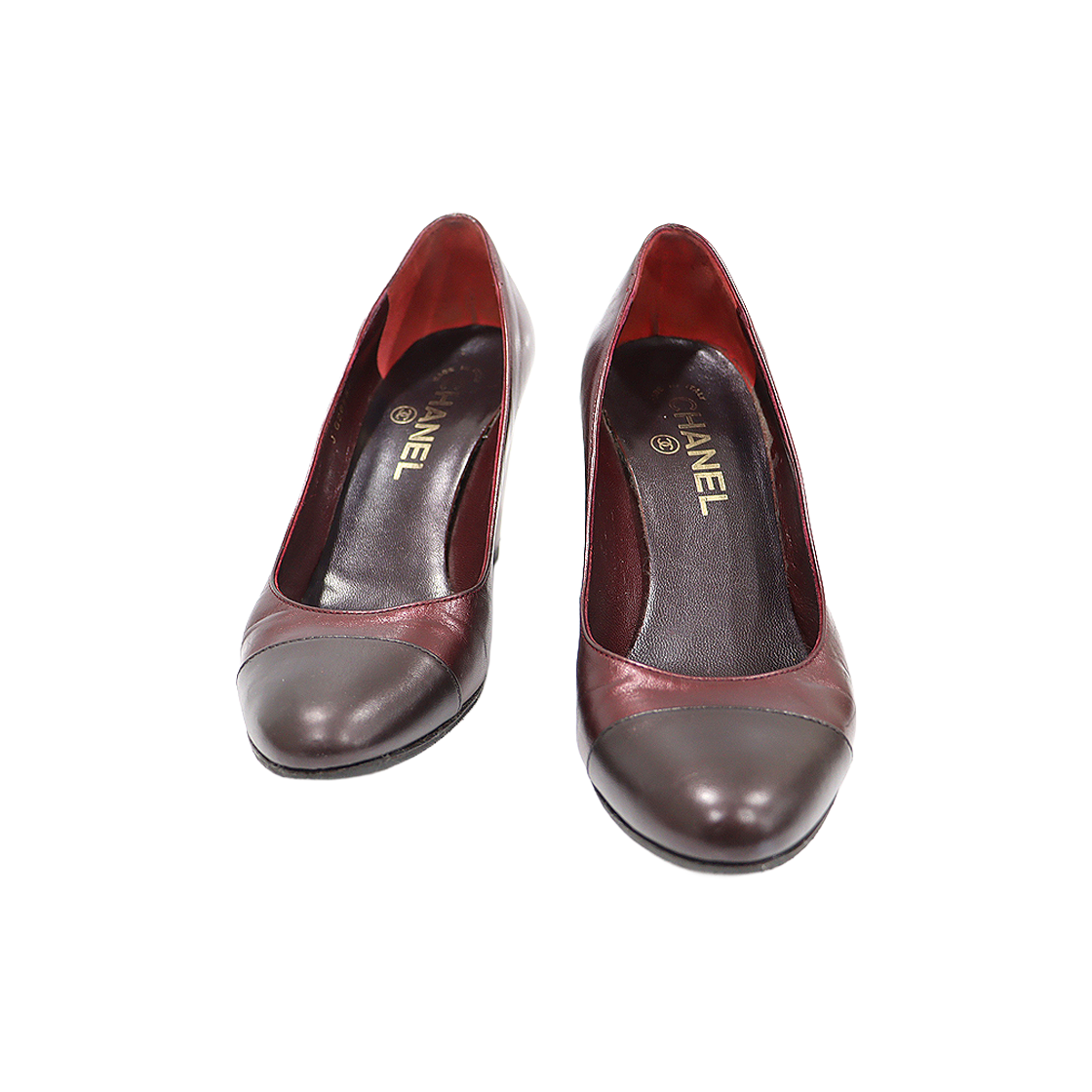 IT54EEOOAROV Chanel Burgundy Brown Cap-Toe Camellia Pumps, Women's Size 36.5C