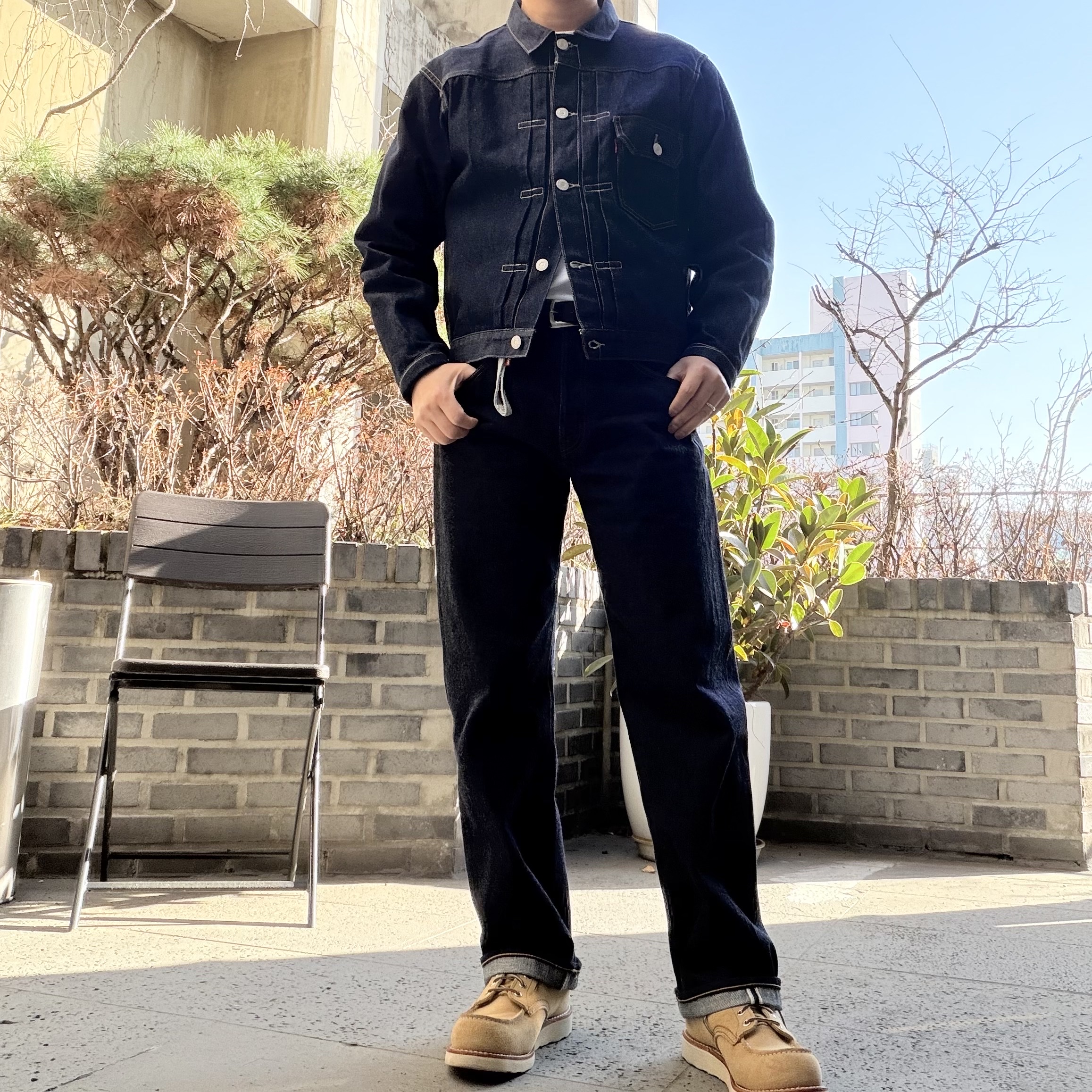 Levi's LVC 1955 Hand Drawn 501 Jeans Blue, Red Wing 6 Inch Classic Moc Toe 8876 Hawthorne Abilene Roughout - EE 착용 스타일