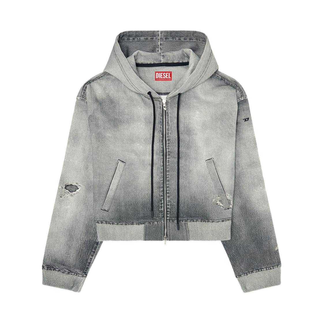 A18241068US-02 (W) Diesel De-Giri-Crop Jogg Zip-Up Hoodie In Trompe L'Oeil Joggjeans Grey