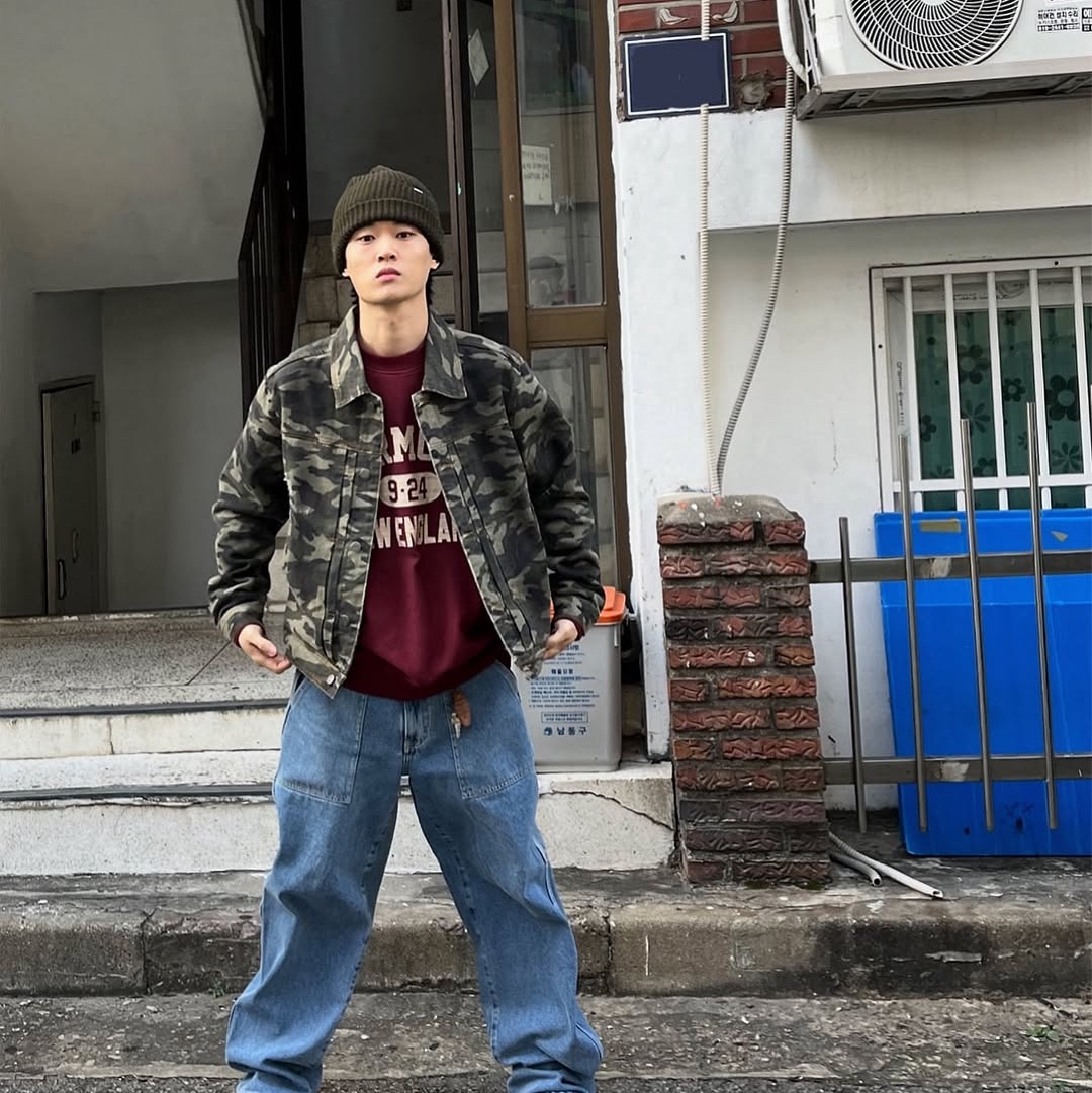 MAINBOOTH Destroyed Camo Trucker Jacket CAMO 착용 스타일 - 7