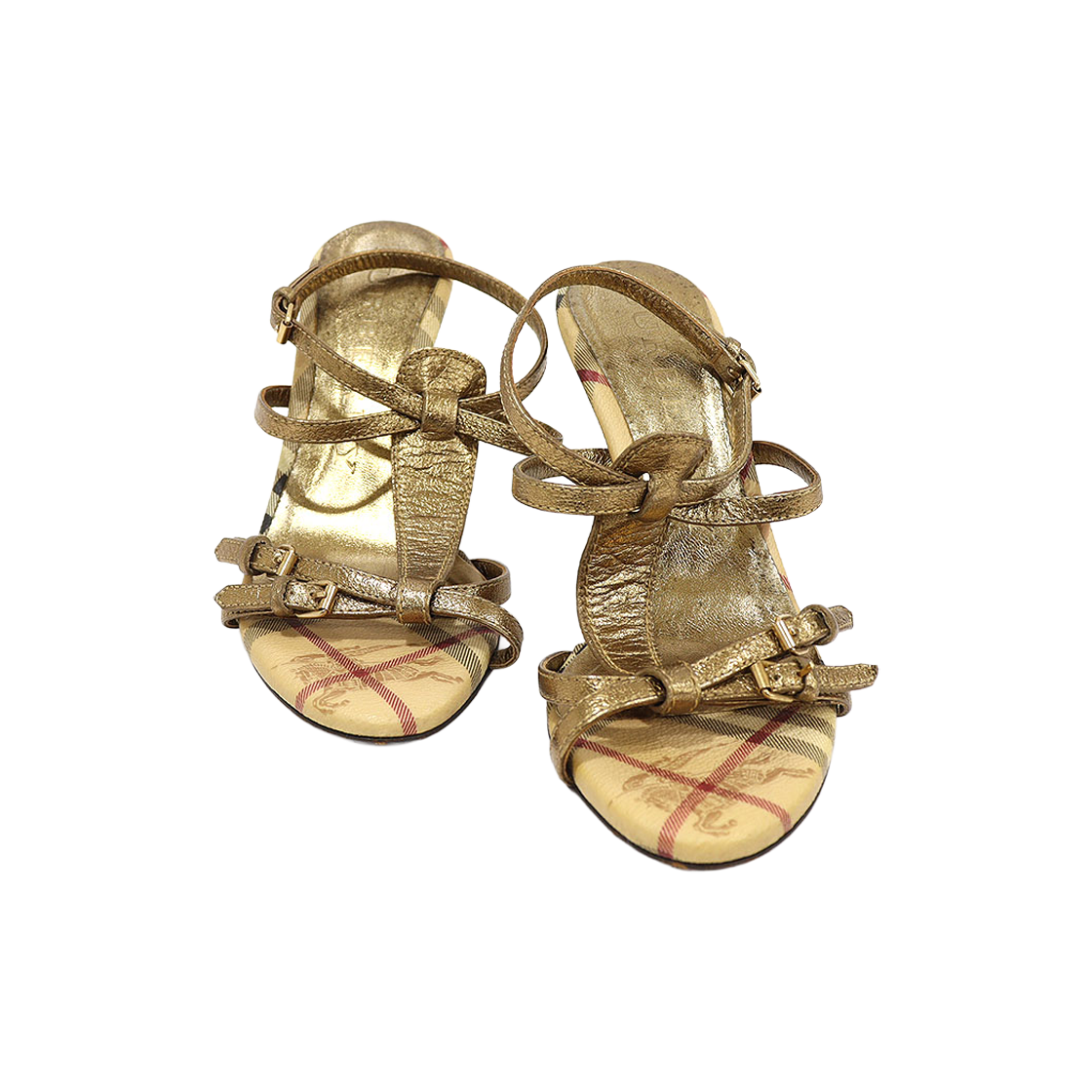 버버리 PVC 헤이마켓 체크 캔버스 메탈릭 골드 레더 스트랩 힐 여성 샌들 38(Burberry PVC Haymarket Check Metallic Gold Leather Strap Heeled Sandals, Size 38) - 1
