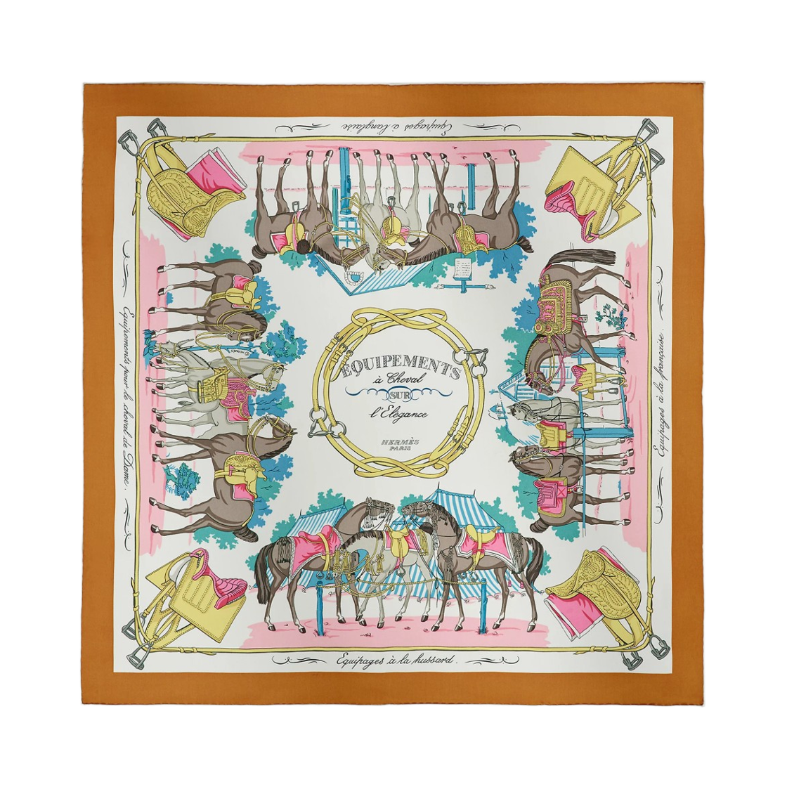 H984349S07 (W) Hermes Equipements A Cheval Sur L'Elegance Scarf 70 Silk & Caramel Blanc Rose