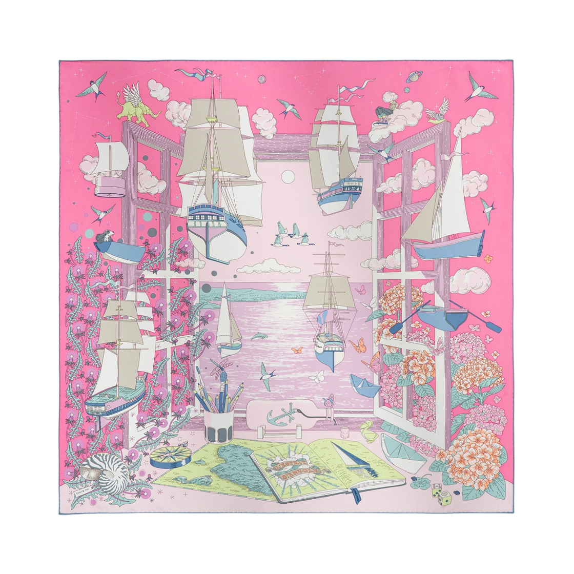 H004300S07 (W) Hermes L'Esprit S'Envole Scarf 90 Silk Twill & Rose Bonbon Parme Bleu Jean