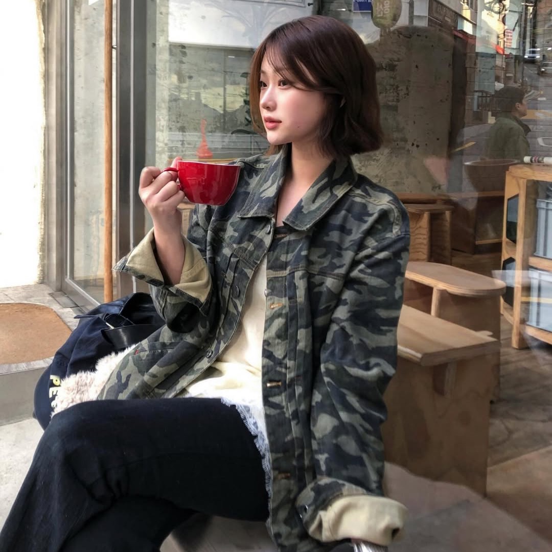 MAINBOOTH Destroyed Camo Trucker Jacket CAMO 착용 스타일 - 1