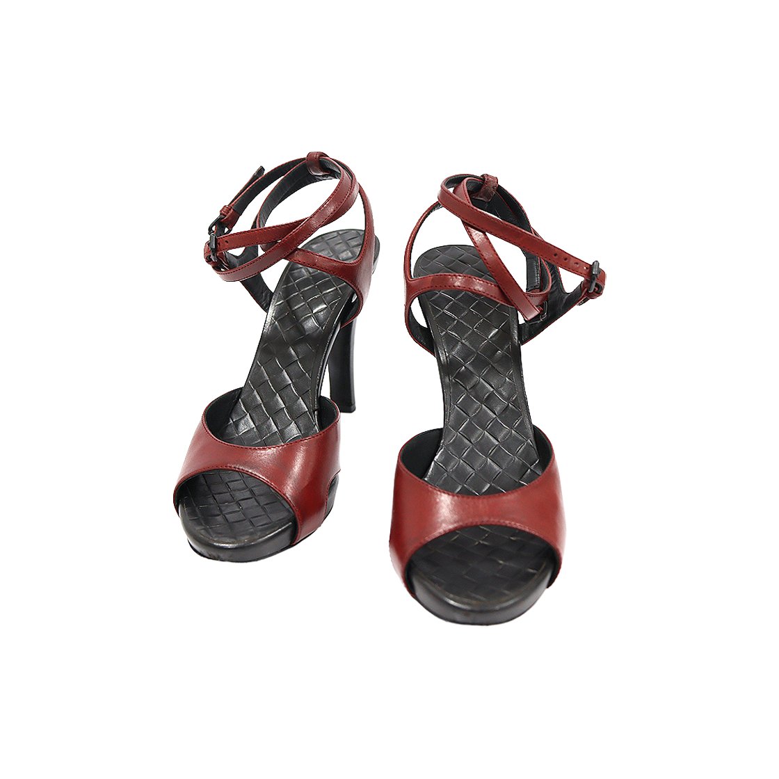 보테가베네타 254559 버건디 레더 오픈토 더블 스트랩 여성 샌들 구두 36.5(Bottega Veneta Burgundy Leather Open-Toe Double Strap Sandals, Size 36.5)