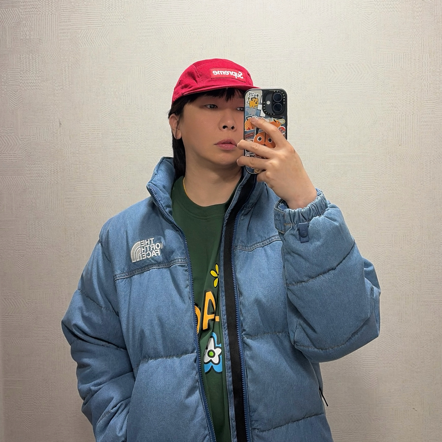 Palace Me Myself And Tri T-Shirt Racey Green - 26SS, The North Face Blueridge Nuptse Jacket Blue - 25FW 착용 스타일