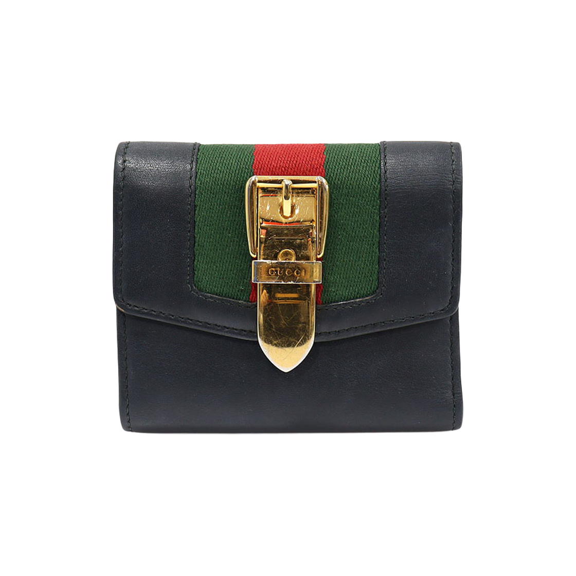 구찌 476081 블랙 레더 WEB 금장 실비 카드 케이스 반지갑(Gucci 476081 Black Leather Web Gold-tone Sylvie Card Case Wallet) - 1