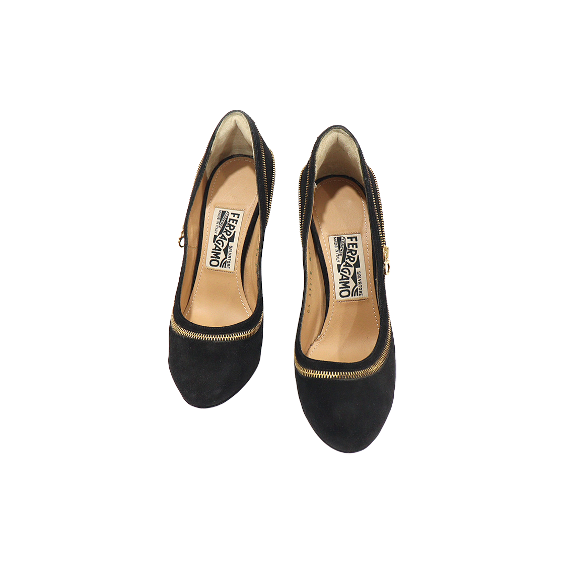 페라가모 0551324 블랙 스웨이드 간치니 지퍼 장식 RORY 펌프스 여성구두 5.5D(Ferragamo 0551324 Black Suede Gancini Zip Detail RORY Pumps Women's Shoes 5.5D) - 1