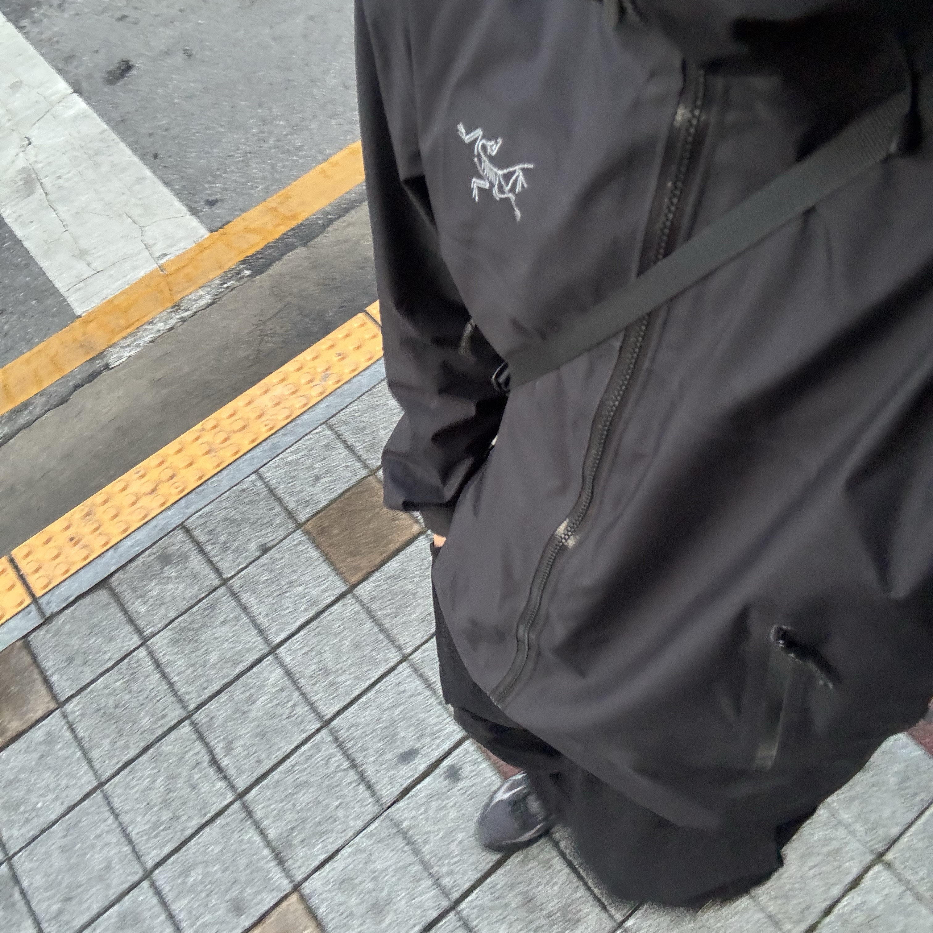 Arc'teryx Beta SL Jacket Black, Arc'teryx Heliad 6 Crossbody Bag Black 착용 스타일