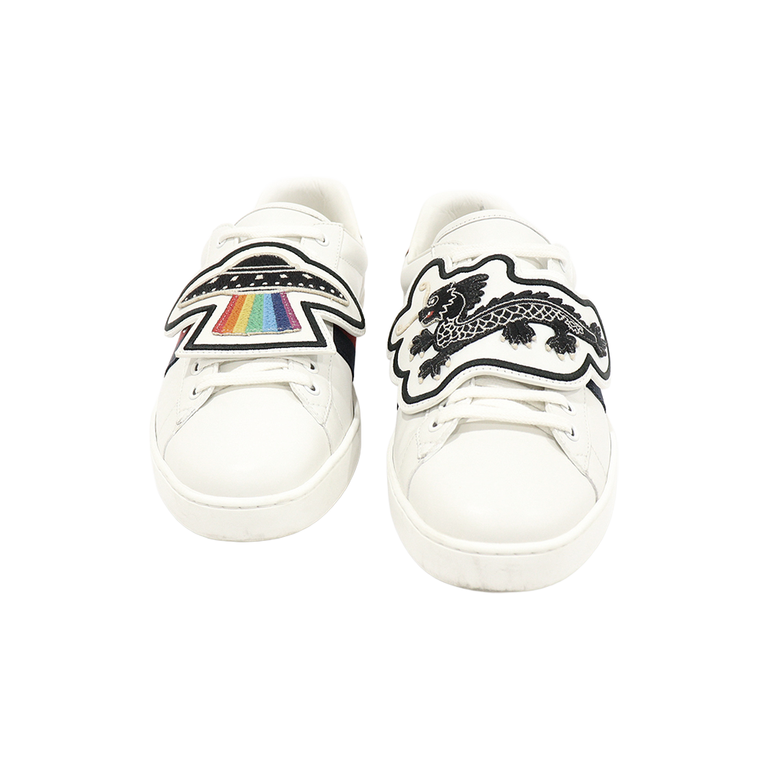 ITPH4H2E723G Gucci 478191 White Calfskin UFO Dragon Patch WEB Ace Sneakers 9.5
