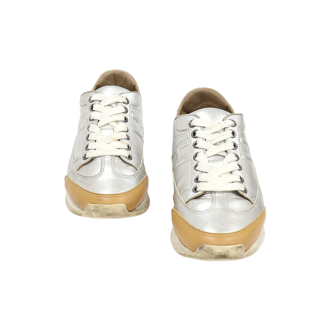 ITH2BPC74NWM Hermes Silver Napa Brown Leather Trimmed GOAL Women's Sneakers Size 36