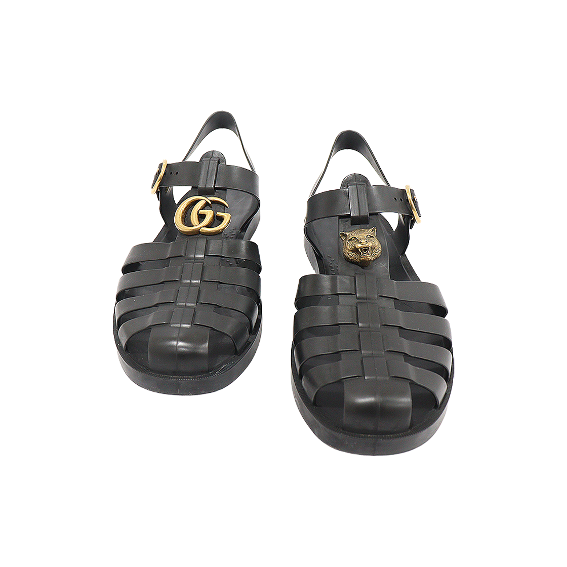 IT4B5N2PIG5U Gucci 463463 Black Rubber Gold Double G Pellein Head Strap Men's Sandals Size 9
